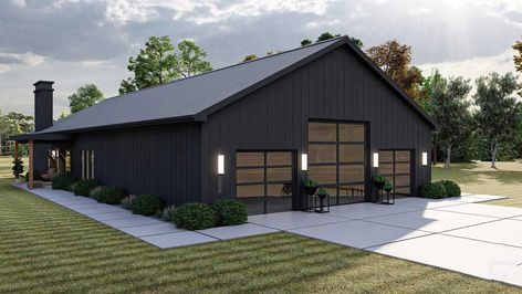 Shop And House Combo Plans Modern, Pole Barn House Plans With Garage, Black Metal Building Homes, Steel Building Homes Floor Plans, Barndominium With Rv Garage, Barndominium Ideas Floor Plans With Shop, Steel Homes Metal Houses, Barndominium Garage Ideas, One Level Barndominium Ideas