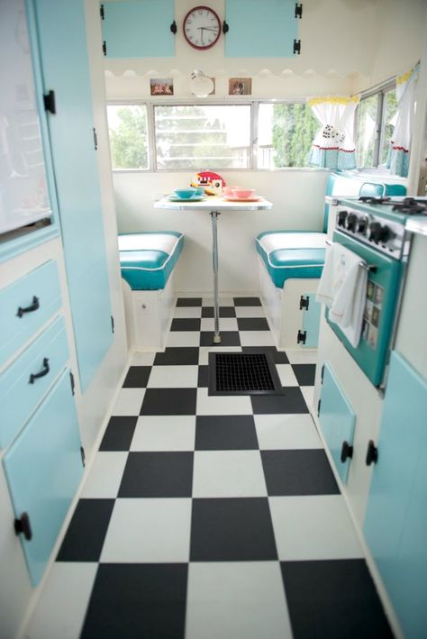 Cozy Little House: Living Simply: Part 1 - Vintage Trailers Vintage Trailer Remodel, Caravan Vintage, Camper Vintage, Vintage Trailer Interior, Vintage Camper Interior, Checkered Floor, Camping Vintage, Vintage Camper Remodel, Trailer Interior