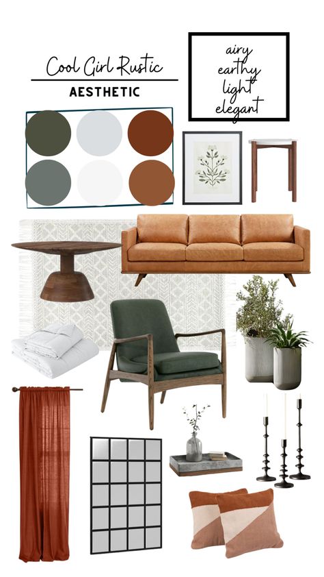 Cognac And Green Living Room, Cognac And Grey Living Room, Light And Moody Living Room, Masculine Boho Living Room, Grey And Terracotta Living Room, Warm Transitional Interior Design, Cognac Couch Living Room Ideas, Blue Home Accents, Classic Moodboard