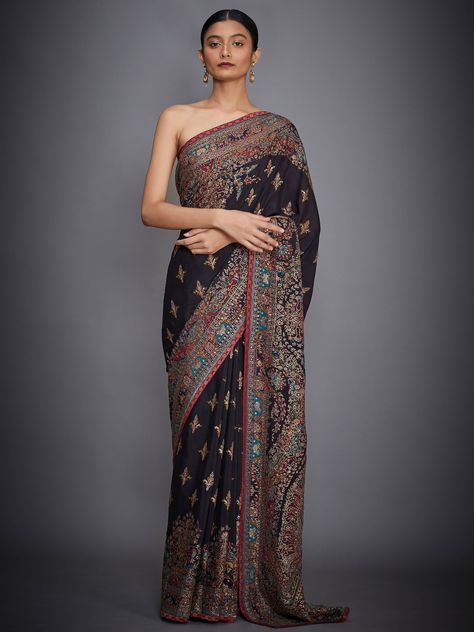 Ritu Kumar Black Nagina Ari Embroidered Saree With Unstitched Blouse USD 3,216 Saree With Cutwork Border, Ritu Kumar, Clothes Stand, Embroidered Saree, Black Saree, Indian Fashion Designers, Blouse Online, Blouse Fabric, Embroidered Silk