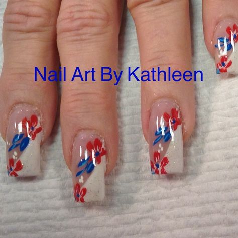 Red, White, and Blue Flowers, Patriotic Nail Art Red N Blue Nails, Patriotic Ombre Nails, Red White Blue Flower Nails, Red And Blue Flower Nails, Red White And Blue Flower Nails, Memorial Day Nails Red White Blue, Nail Colors Spring, Easy Nail Art Tutorial, Red White And Blue Nails