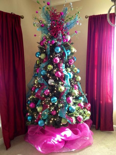 I loved making this Pink, blue, and green Christmas tree! Colored Christmas Tree, Purple Christmas Tree, Teal Christmas, Peacock Christmas, Blue Christmas Tree, Christmas Pink, Purple Christmas, Christmas Tree Ideas, Pink Christmas Tree