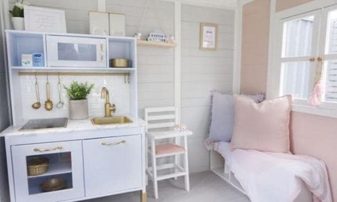 Mum's DIY cubby house renovation is every kids dream Cubby House Ideas Interior, Cubby House Interior, Diy Cubby House, Playroom Playhouse, Playhouse Interior Ideas, Treehouse Decor, Kid Playhouse, House Ideas Interior, Cubby House Ideas