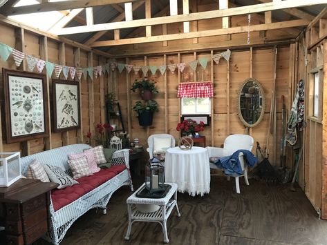 Inside my new she shed! Garden Craft Room She Sheds, She Shed Coffee Bar, She Shed Hangout Ideas, Shed Hangout Ideas Aesthetic, Inside Shed Ideas, Small Shed Ideas Hangout, Inside She Shed Ideas, Shed Hangout Ideas, She Shed Interior Ideas