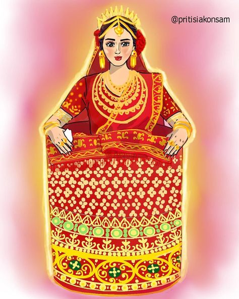 Manipuri (Meitei) Bridal Art Manipuri Traditional Dress Sketch, Manipuri Bride, Manipuri Traditional Dress, Wedding Dress Drawings, Bridal Art, Dress Illustration, Fashion Illustration Sketches Dresses, Beautiful Art Paintings, Cute Cartoon Images