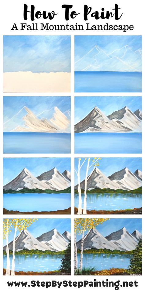 How To Paint “Mountain Morning” Fall Landscape Painting Ideas Step By Step Easy, Nature Step By Step Painting, Step By Step Painting Mountains, How To Paint Mountains And Trees, Acrylic Painting Ideas Landscape Mountains, Easy Landscape Pictures To Paint, Scenery Painting Step By Step, 1 Hour Painting, Beginner Scenery Painting