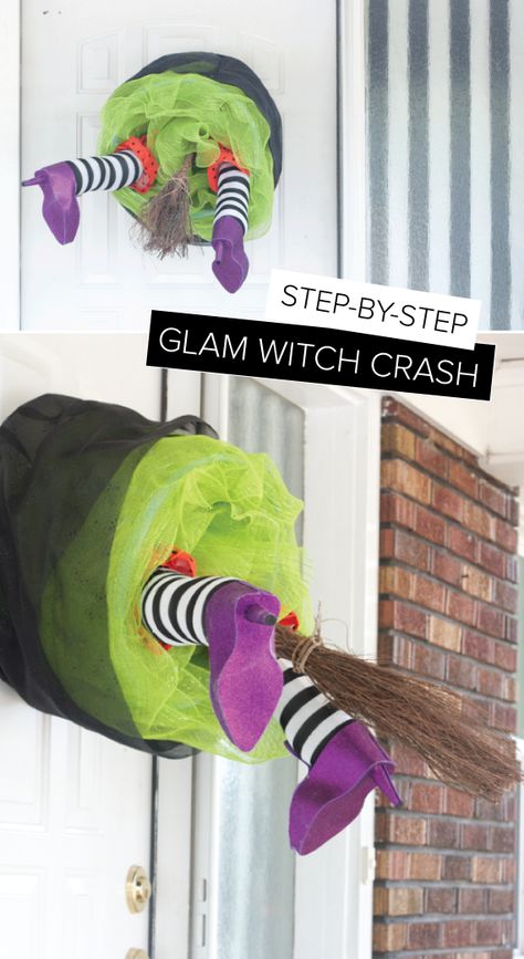 Step by step glam witch crash tutorial Witch Ideas, Halloween Decorations Outdoor Porch, Diy Witch, Moldes Halloween, Halloween Front Door Decorations, Halloween Front Doors, Halloween Fest, Casa Halloween, Witch Wreath