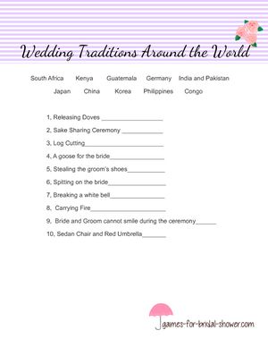 Free Printable Wedding Traditions Around the World Game e Wedding Traditions Game Free Printable, Ask Bridesmaids To Be In Wedding, Wedding Traditions Game, Around The World Games, Wedding Shower Brunch, Country Invitations, Winter Floral Arrangements, Traditions Around The World, Asking Bridesmaids