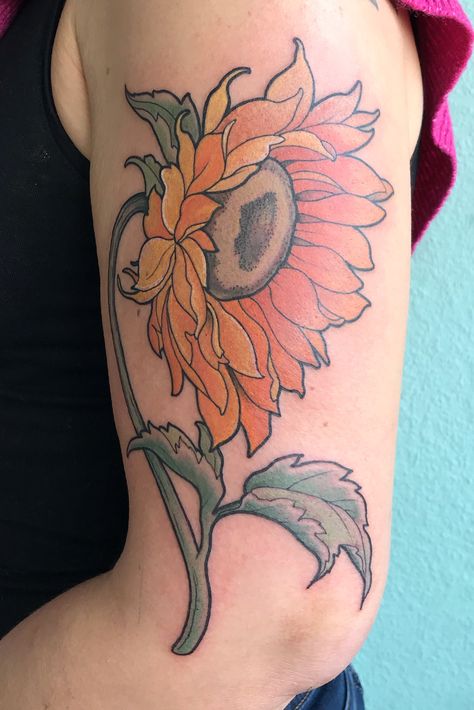 Neo Traditional Sunflower, Traditional Sunflower Tattoo, Animated Spiderman, Illustrative Flowers, Heart Wrist Tattoo, Traditional Sunflower, Tattoo Meaning Ideas, Sunflower Tattoo Meaning, Shoulder Cap Tattoo