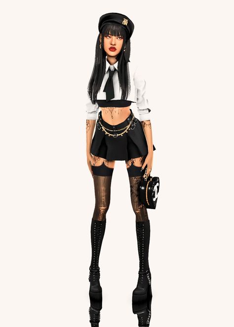 A mix between punk, grunge and some Bratz looks inspo  Look #1: Hair | Top | Skirt | Stocking | Boots | Beret | Belt | Handbag  Look #2: Hair | Dress | Stocking | Beret | Necklace | Belt    Poses... Sims 4 Grunge Outfit, Sims 4 Belt Accessory Cc, Sims 4 Belts Cc, Sims 4 Grunge Clothes, Punk Cc Sims 4, Sims 4 Cc Belt, Sims 4 Stockings Cc, Boots Sims 4 Cc, Skirt Cc Sims 4