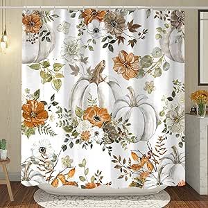 Cute Fall Pumpkin Shower Curtain, Autumn Thanksgiving Watercolor Teal Pumpkin Fabric Shower Curtains Set for Bathroom Decoration with Hooks 72 X 72 Inch Yellow Boho Gold Leaves Holiday Bath Decor Leaf Bathroom, Curtain Partition, Water Proofing, Partition Door, Thanksgiving Harvest, Autumn Thanksgiving, Maple Leaf, Pumpkins, Shower Curtain