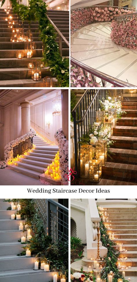 Stairs Decor Ideas For Wedding, Stair Decoration Party, Stair Decoration For Birthday, Decorate Stairs For Wedding, Foyer Wedding Decorations, Stair Decorating Ideas For Party, Staircase Decor Ideas Indian, Stairs Party Decoration, Stairs Decoration For Wedding