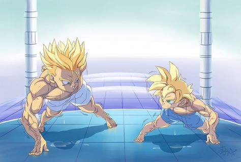 :Comission-Pushup competition/GohanXTrunks by PhantomStudio-Tommy Chihiro Y Haku, Future Trunks, Anime Friendship, Dbz Art, Pin Ups, Z Arts, Dragon Ball Wallpapers, Dragon Ball Artwork, Anime Dragon Ball Super