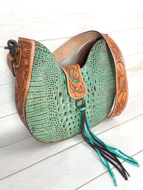 Muted Teal Alligator Pattern Leather Tooled Hobo - Etsy Muted Teal, Alligator Pattern, Fringe Handbags, Tooled Leather Bag, Leather Craft Patterns, Leather Bag Pattern, Tooled Leather Purse, Western Purses, Leather Key Fobs