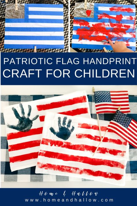 Fourth of July Patriotic Flag Handprint Craft for Children - Home and Hallow American Flag Crafts Preschool, Handprint Flag, American Flag Craft, Stick Activities, July Crafts For Kids, February Preschool, Patriotic Activities, American Flag Crafts, Kids 4th Of July