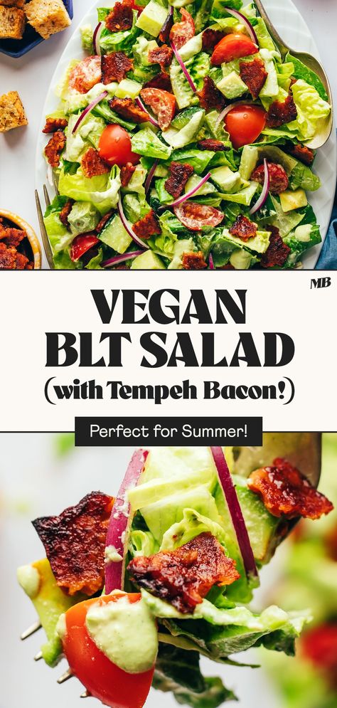 Vegan BLT salad with romaine, tempeh bacon, tomatoes, avocado, and a creamy vegan ranch dressing. A satisfying, veggie-packed, plant-based meal with just 7 ingredients! Vegan Blt, Vegan Caesar Salad, Vegan Ranch Dressing, Tempeh Bacon, Vegan Caesar, Blt Salad, Creamy Ranch Dressing, Salad With Avocado, Satisfying Salads