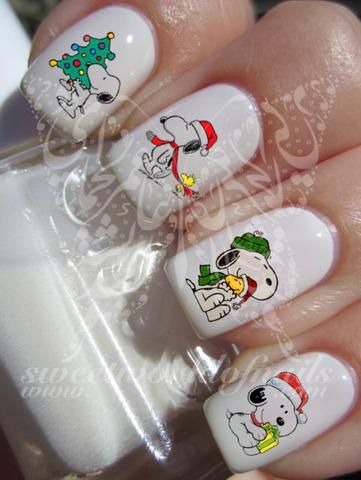 Snoopy Christmas Nail Art Nail Water Decals Nails Winter Acrylic, Snoopy Nails, Owl Nails, Minion Nails, Paint Nails, Nail Water Decals, Funky Nail Art, Punk Nails, Winter Nails Acrylic