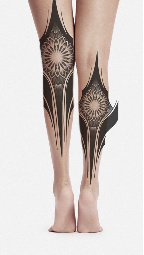 Leg Blackwork Tattoo, Mandala Leg Tattoo, 108 Tattoo, Geometric Tattoo Leg, Knee Tattoos, Symmetrical Tattoo, Black Line Tattoo, Shin Tattoo, Geometric Mandala Tattoo