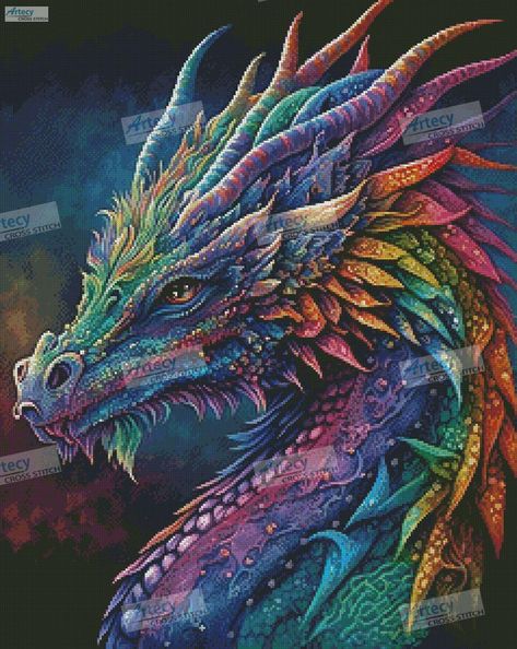 Rainbow Dragon - Cross Stitch Chart Coloured Dragon Drawing, 3d Dragon Art, Dragon Pictures Drawings, Fantasy Dragon Illustration, Dragon Paintings, Large Cross Stitch Patterns, Colorful Dragon, Rainbow Dragon, Dragon Cross Stitch