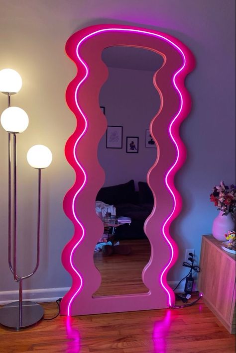 Squiggly Mirror Aesthetic, Curvy Glow Mirror, Maximalist Makeup Room, Fun Mirror Ideas, Funky Lamps Bedroom, Mirror Maximalist, Swirly Mirror, Wiggly Mirror, Groovy Bedroom Aesthetic