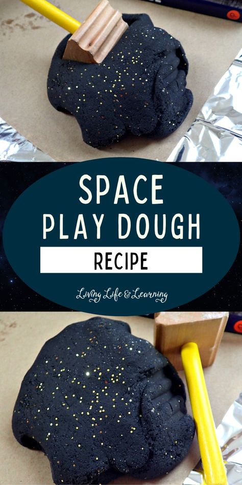 Our new favorite is this Outer Space Inspired Play-Dough Recipe. It is easy to make, has a fun color & sparkle, and can lead to fun activities all about outer space! Make Your Own Planet Project, Outer Space Curriculum For Preschool, Moon And Stars Preschool Activities, Space Week Ideas, Solar System Montessori Activities, Neptune Preschool Activities, Space Themed Gross Motor Activities, Outer Space Party Food Snacks Ideas, Dream Activities For Kids