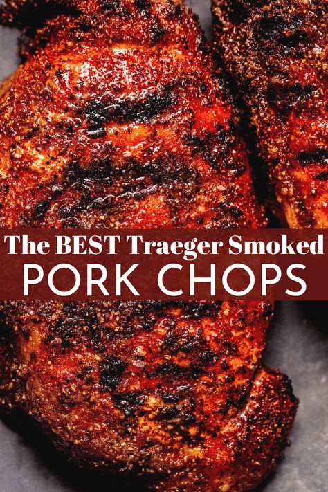 This Traeger Pork Chops recipe is a simple hands-off cooking method. You’ll be indulging in tender and smoky pork throughout grilling season! // boneless // bone in // smoked Pork Chop Injection Recipes, Grilling Bone In Pork Chops, Traeger Pork Chops Bone In, Smoked Bbq Pork Chops, Pork Chops On Traeger Grill, Best Smoked Pork Chops, Traeger Pork Steaks, Pork Chop Traeger Recipes, Pellet Smoker Pork Chops