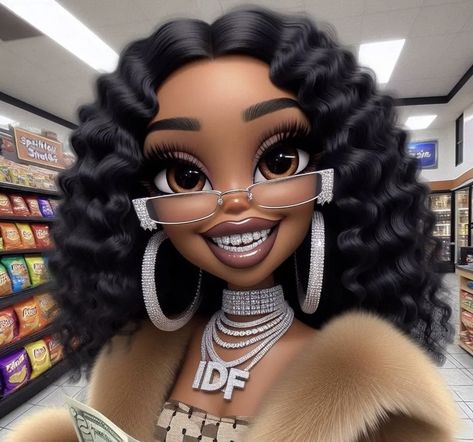 Baddie Pfp Pink, Black Bratz Doll, Barbie Fashion Sketches, Brat Doll, Instagram Cartoon, Bratz Inspired Outfits, Doll Aesthetic, Afrocentric Art, Swag Cartoon