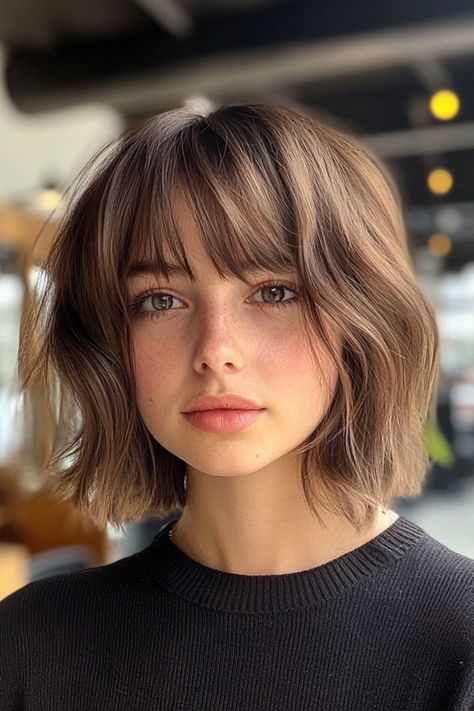 Soft Blunt Bob with Bangs Bob With Bottleneck Bangs, Short Lob With Bangs, Aline Bob With Bangs, Brown Bob With Bangs, Blonde Graduated Bob, Chic Bob Hairstyles, Bobs With Bangs, Hair 2025, Hairstyles For Seniors