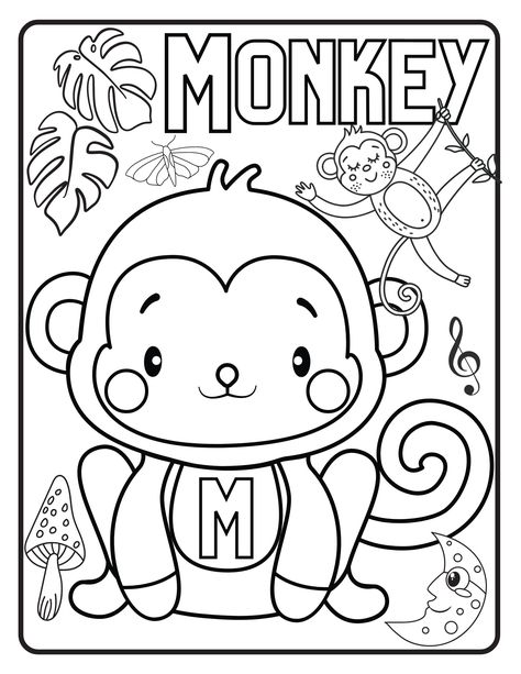 Monkey Coloring Page Digital Download, Monkey Coloring Page, Digital Coloring Page M For Monkey, M Is For Monkey, Monkey Coloring Pages, Happy 13th Birthday, Tropical Pillows, Activity Sheets For Kids, Coloring Art, Digital Coloring, Animal Coloring