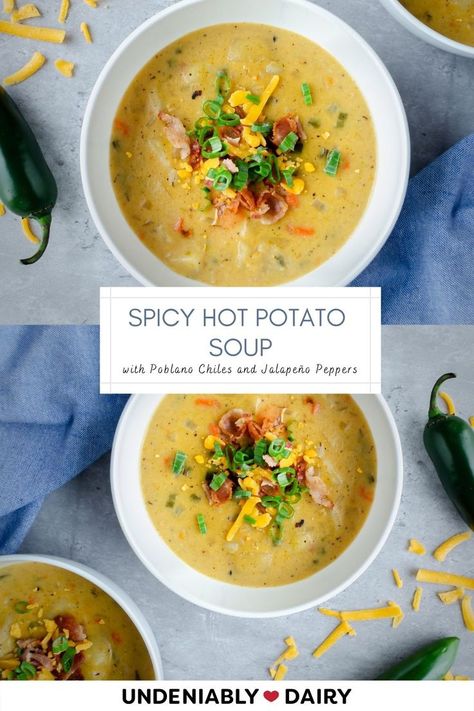 Kick winter blues to the curb with this flavor-packed Spicy Hot Potato Soup recipe with milk. It's got everything you need from poblano chiles to onion to bacon. It’s the perfect wintertime soup to warm your heart. Spicy Baked Potato Soup, Spicy Potato Soup, Jalapeno Potato, Recipe With Milk, Healthy Liver Diet, Jalapeño Peppers, Hot Potato, Chowder Soup, Baked Potato Recipes