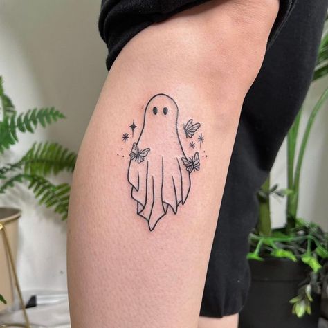 Ghost With Butterfly Tattoo, Butterfly Ghost Tattoo, Paramore Tattoo Ideas Lyrics, Ghost Butterfly Tattoo, Happy Ghost Tattoo, Nature Ghost Tattoo, Ghost Outline Tattoo, Lil Ghost Tattoo, Ghost Friend Tattoos