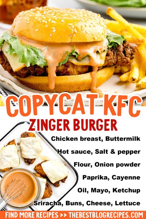 Close-up shot of Zinger Burger on a plate with a side of french fries with the ingredients needed. Kfc Zinger Sauce Recipe, Breaded Chicken Burgers, Burger Buffet, Chicken Burger Sauce, Spicy Burger Sauce, Zingers Recipe, Kfc Zinger Burger, Kfc Zinger, Kfc Burger