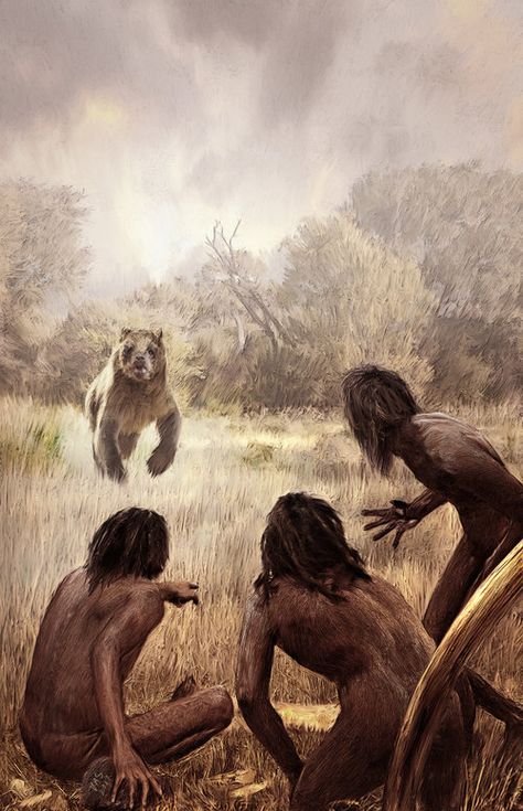 Homo erectus and Arctodus in North America by Velizar Simeonovski Pithecanthropus Erectus, Short Faced Bear, Prehistoric People, Homo Erectus, Prehistoric Man, Early Man, Prehistoric Wildlife, Early Humans, Wild Art