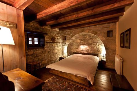 Mansion of Aristi | Accommodation | Ioannina Prefecture | Regions | WonderGreece.gr Cellar Bedroom Ideas, Cellar Bedroom, Cellar Conversion, Wine Cellar Wall, Stone And Wood, The Mansion, House Plans Farmhouse, Bedroom Aesthetic, Aesthetic Bedroom