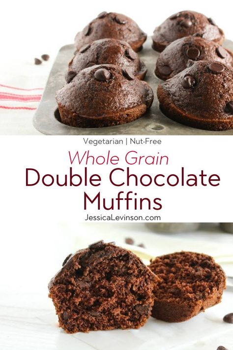 Delicious whole grain double chocolate muffins taste sinful but aren’t! A great make-ahead breakfast treat or healthier dessert. Get this vegetarian and nut-free recipe at JessicaLevinson.com | #WholeGrainMuffins #ChocolateMuffins #BreakfastMuffins Whole Wheat Chocolate Muffins, Whole Grain Muffin Recipe, Milled Grain Recipes, Fresh Milled Muffins, Whole Grain Muffins, Milling Flour, Whole Grain Recipes, Healthier Baking, Whole Wheat Muffins