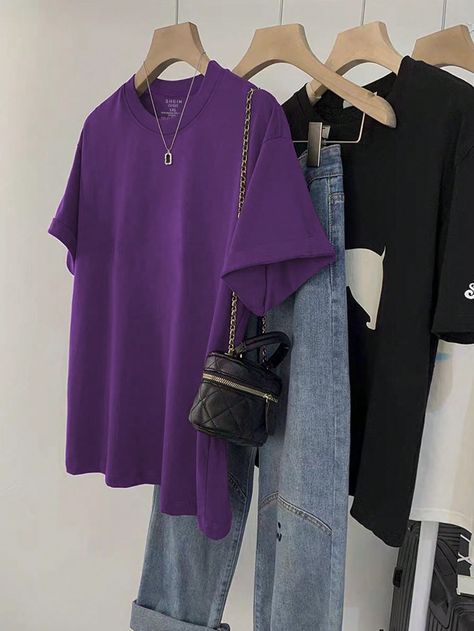 Purple Tshirt Outfits, Purple Shirt Outfit, Purple Shirt Outfits, Purple Tshirt, Oversize Casual, Printed Sleeveless Top, Purple Shirt, Tshirt Outfits, Clothes Outfits