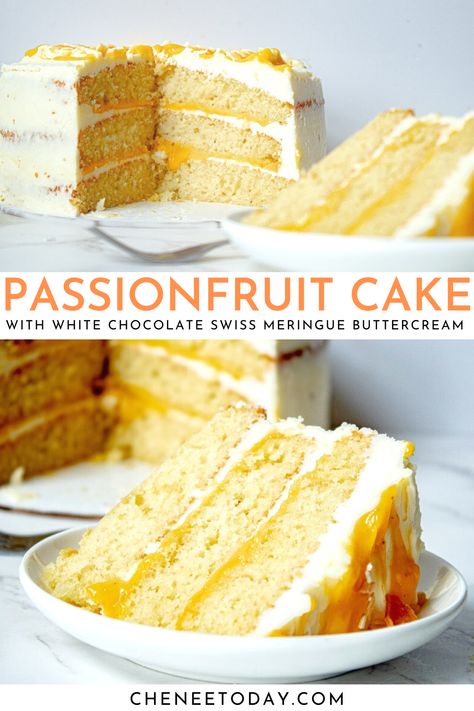 Passion Cake Recipe, Mango Passionfruit Cake, Passion Cake, Fruit Cake Filling, Passionfruit Cake, Hawaii Recipes, Passionfruit Curd, Passion Fruit Cake, Chocolate Swiss Meringue Buttercream