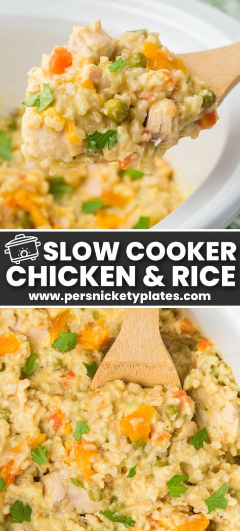 Vegetable Crockpot Recipes, Slow Cooker Chicken And Rice, Crockpot Rice Recipes, Slow Cooker Chicken Rice, Chicken And Rice Crockpot, Slow Cooker Chicken Casserole, Quick Crockpot Meals, Persnickety Plates, Crockpot Chicken Healthy