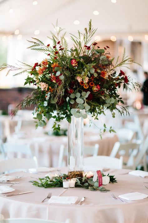 Autumn Wedding Centerpieces, Tall Flower Centerpieces, Rusting Wedding, Lighted Centerpieces, Greenery Wedding Decor, Orange Wedding Flowers, Tall Wedding Centerpieces, Fall Floral Arrangements, Fall Wedding Centerpieces