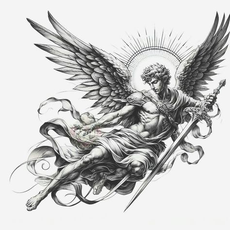 Winged Statue Tattoo, Gods Angel Tattoo, Stencil Arm Tattoo, Raphael Angel Tattoo, Guardian Angels Tattoo, St Michael Drawing, Angel Raphael Tattoo, Greek Statues Drawing, Michael Angel Tattoo