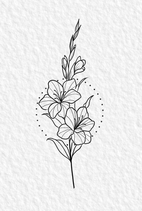 Gladiolus Tattoo Minimalist, Gladiolus Line Tattoo, Narcissus Flower Tattoo Stencil, Gladius Flower Drawing, Gladolias Tattoo, Gladiolus Flower Line Art, Gladioli Flower Drawing, Meaningful Calf Tattoos For Women, Simple Daffodil Tattoo Design