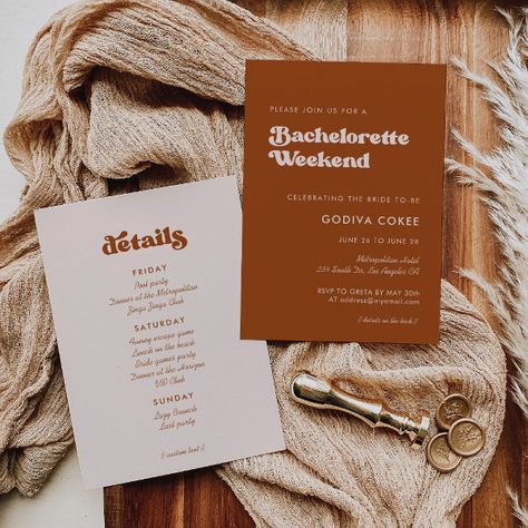 Stylish retro burnt orange Bachelorette Weekend Invitation Orange Bachelorette, Theme Bachelorette Party, Brown Theme, Bride Game, Bachelorette Weekend Invitations, Orange Terracotta, Beach Bride, Bachelorette Party Invitations, Retro Wedding