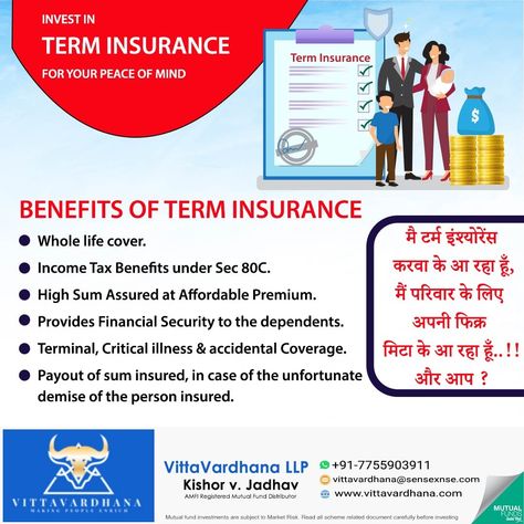 Secure the future of your loved ones with VittaVardhana's Term Insurance. Affordable premiums for a lifetime of peace. 🌟👨👩👧👦  #FamilyFirst #InsuranceMatters #SmartInvesting #ProtectYourLovedOnes #FinancialSecurity #InsuranceSolutions #HealthCoverage #AccidentalCover #CriticalIllnessProtection #IncomeTaxBenefit #AffordablePremiums #WholeLifeCover #DependentsSecurity #InsureLife #SavingsPlan Critical Illness, Term Insurance, Life Cover, Mutual Fund, Market Risk, Savings Plan, Income Tax, Share Market, Loved Ones