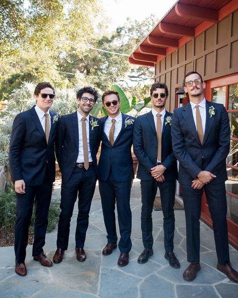 A Simple, Cozy Outdoor Wedding in California Groomsmen Dark Blue Suit, Blue Suit With Blue Tie, Dark Navy Blue Groomsmen Suits, Groomsmen Attire Dark Blue, Navy Suit Tie Combinations, Groom Suit Dark Blue, Navy Blue Suit Tie Combination, Dark Navy Blue Suit Men Wedding, Blue Suit Tie Combinations