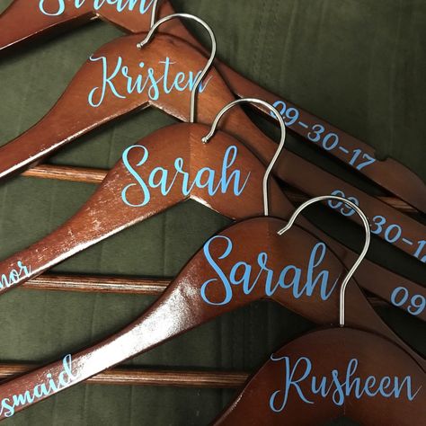 Wooden Hangers Personalized With Your Wedding Parties Name, Title & Date. A Great Way To Hang Their Dress In The Closet. You Pick The Color To Match Their Dress. Hangers Wedding, Wedding Dress Hangers, Party Names, Wedding Dress Hanger, Dress Hanger, Wedding Hangers, In The Closet, Wedding Parties, Wooden Hangers