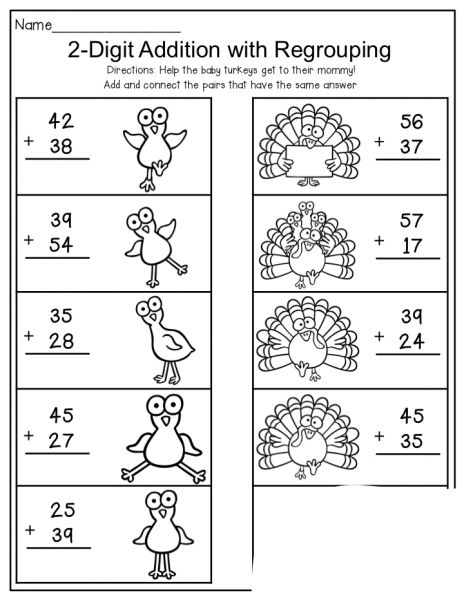 2-Digit Addition With Regrouping | Worksheet School Addition Regrouping, Addition With Regrouping Worksheets, Subtraction With Regrouping Worksheets, Thanksgiving Addition, Regrouping Addition, Addition With Regrouping, Kindergarten Addition Worksheets, Thanksgiving Writing, Mathematics Worksheets