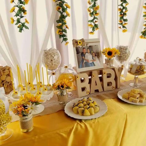 Rustic Sunflower Baby Shower Party Ideas | Photo 2 of 8 | Catch My Party Baby Shower Ideas For Girls Themes, Sunflower Baby Shower, Baby Shower Themes Neutral, Girl Shower Themes, Honey Bee Baby Shower, Sunflower Baby Showers, Sunshine Baby Showers, Baby Shower Yellow, Bee Baby Shower Theme