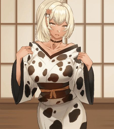 Female Cow, Japanese Clothes, White Kimono, Hair Flower, Open Mouth, Black Choker, Yellow Eyes, Jingle Bell, Japanese Outfits