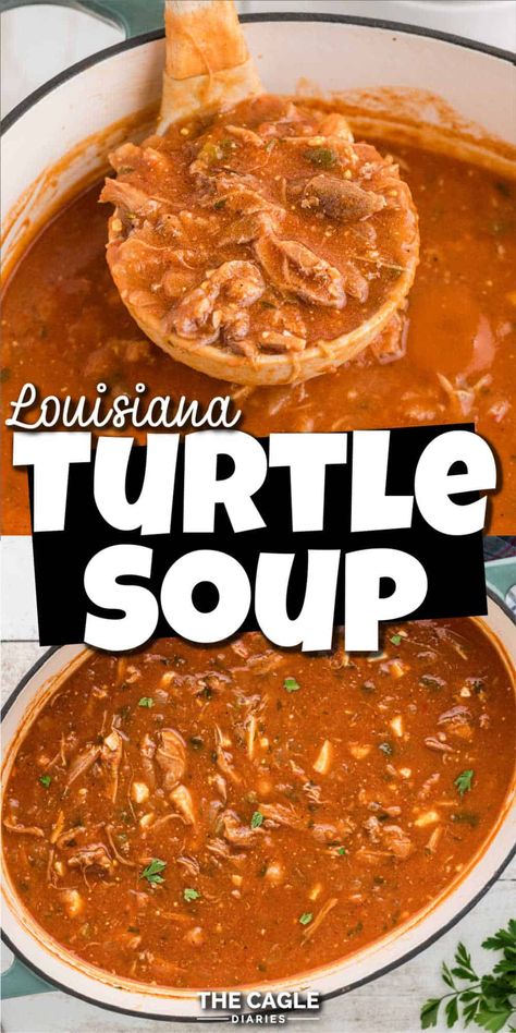 A comforting, velvety and tangy turtle soup recipe straight out of Louisiana. It's a Cajun favorite and is packed with flavor. Cajun Soup Recipes New Orleans, Turtle Soup Recipe, Cajun Recipes Louisiana, Fishing Recipes, Turtle Recipe, Country Cafe, Bbq Potatoes, Turtle Soup, New Orleans Recipes