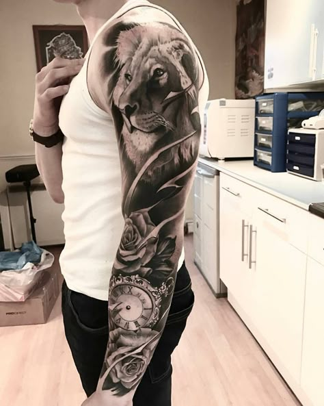 In progress work b Dragon Tattoo With Skull, Lion Sleeve, Tattoos Symbols, Black And Grey Tattoos Sleeve, Mangas Tattoo, Lion Tattoo Sleeves, Wolf Tattoo Sleeve, Lion Head Tattoos, Marvel Tattoos